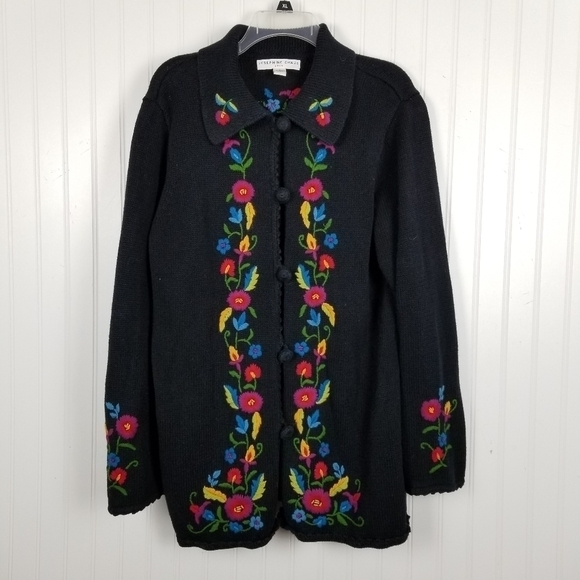 Cardigan Sweater Collar Embroidered Floral Covered Button Long Black Size Large - Picture 10 of 10